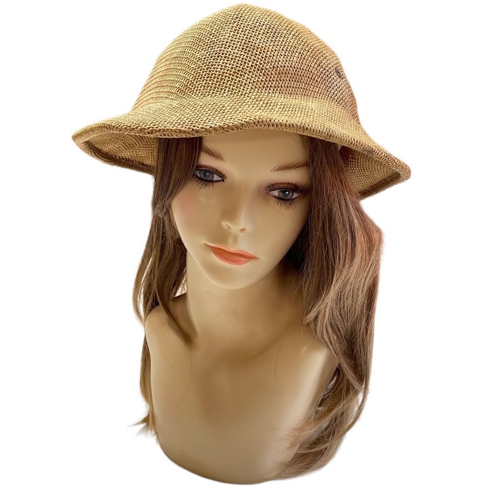 Vintage Brookstone Woven Safari Pith Bucket Hat Sun Cap Tan Straw Costume